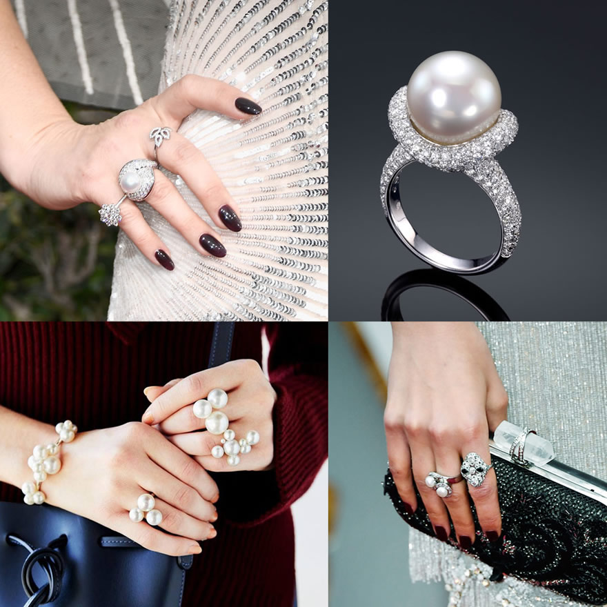 Close-Up of Actress Drew Barrymore at 74th Annual Academy Awards, Assael South Sea Cultured Pearl with Pave Diamonds, Assael Bubble Pearls by Sean Gilson rings and bracelet, February 2017 Actress Olivia Culpa Hollywood, CA.
