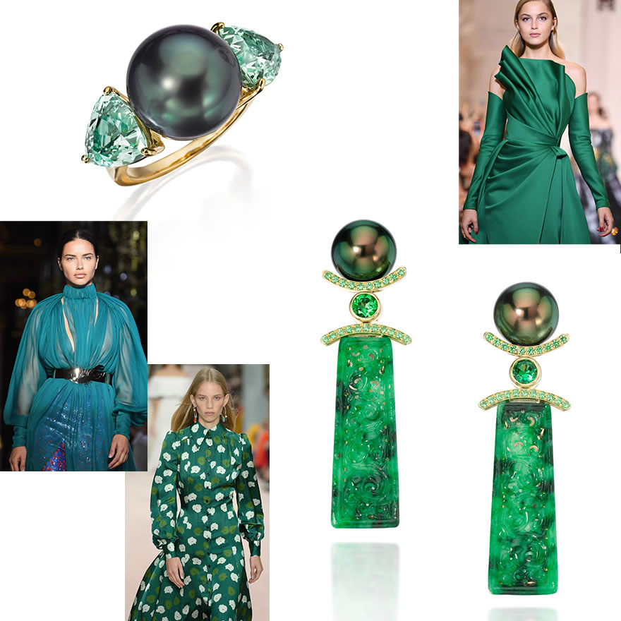 Clockwise from left - Assael Tahitian Pearl and Green Garnet Ring, Elie Saab Paris FW ’19, Assael Tahitian Pearl, Green Garnet and Carved Jade Earrings, Carolina Herrera NY FW ‘18, Schiaparelli Paris FW ‘19 