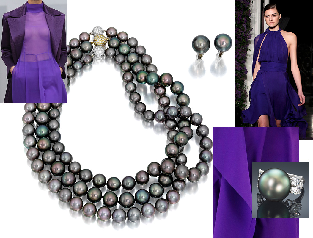 (Upper Left) A model on the Barbara Casasola runway in London, 2015; (Upper Right) At the JC Obando Fall 2014 show, Mercedes-Benz Fashion Week; Tahitian Pearl Ropes, Earrings and Ring by Assael. 