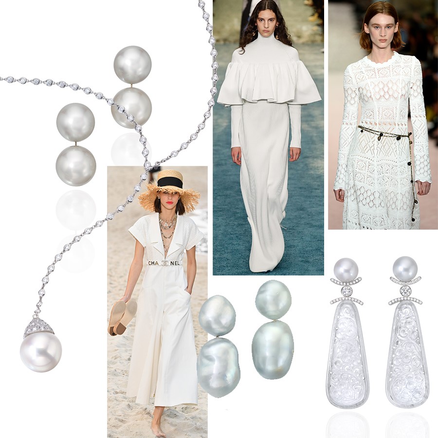Clockwise from top left - Assael 4 Pearl South Sea Pearl Earrings, Carolina Herrera Feb 2019, Carolina Herrera Spring 2019, Assael South Sea White Pearl, Diamond and Hand Carved White Jade Earrings, Assael South Sea Baroque Pearl Drop Earrings, Chanel Spring 2019 Paris Fashion Week