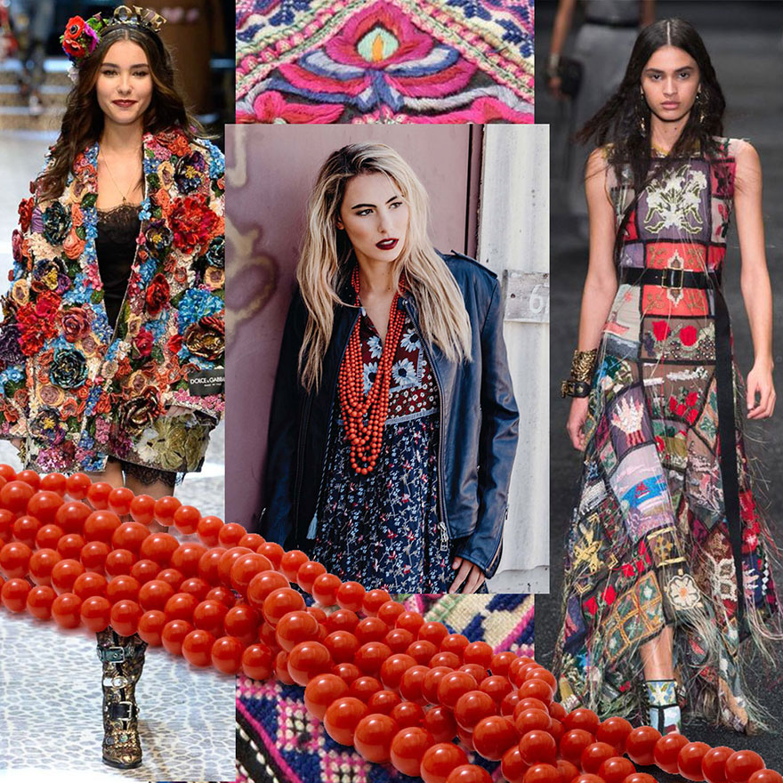 Dolce & Gabbana Fall 2017 RTW, Marin Magazine Sept 2017, Alexander McQueen Fall 2017 RTW, Assael multi-strand red coral necklace across bottom