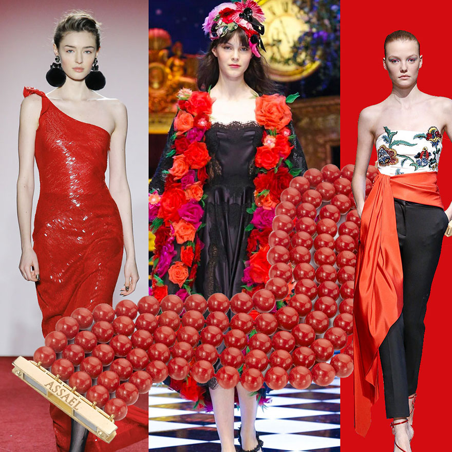 Naeem Khan Fall 2017 RTW, Dolce & Gabbana Fall 2017 RTW, Assael multi-strand red coral bracelet, Oscar de la Renta Fall 2017 RTW