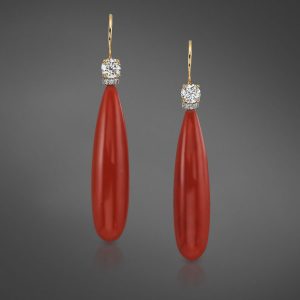 Sardinian Coral Drop Earrings with Diamond Rondels