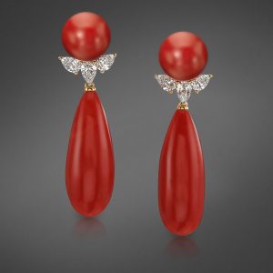Sardinian Coral and Pear-Shaped Diamond Earrings