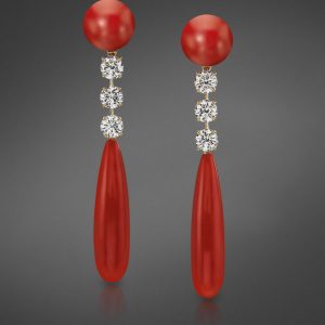 Sardinian Coral and Diamond Clip-Back Drop Earrings