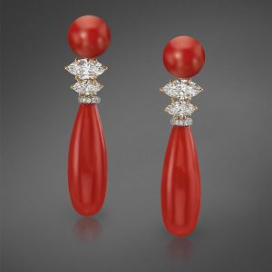 Sardinian Coral and Diamond Drop Earrings.