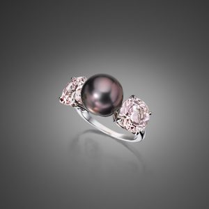 Tahitian Natural Color Cultured Pearl 11.2 x 11.3mm Ring set in 18K White Gold with 2 Round Morganite, 5.24 cts