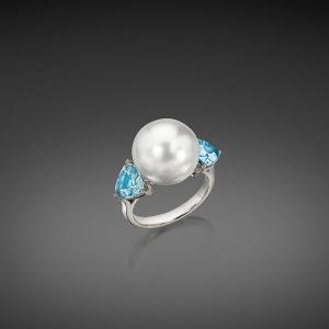 South Sea Pearl and Trillion Aquamarine Ring