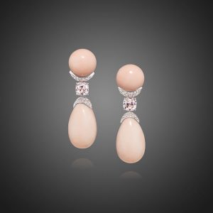 Showing Angel Skin Coral, Diamond And Pink Tourmaline Drop Earrings