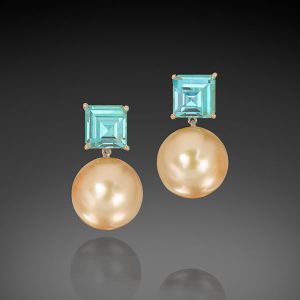 Golden South Sea Pearl Earrings with Blue-Green Tourmaline