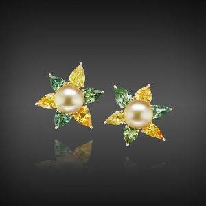 Golden South Sea Pearl, Green & Gold Sapphire Petal Earrings