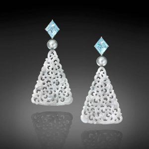 Pearl, Aquamarine, And Gray Jadeite Triangle Earrings
