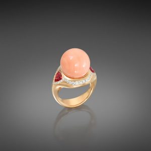 Angel Skin Coral, Red Spinel And Diamond Cocktail Ring