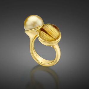 Golden South Sea Pearl And Rutilated Quartz Ring
