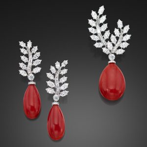 Sardinian Coral and Diamond Leaf Earrings and Pendant/Brooch