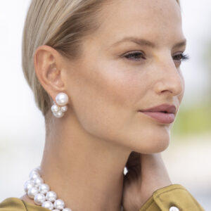 Model wearing Assael 2 piece bubble earring detail shot