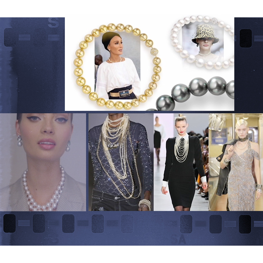 Clockwise from Top Center – Assael Gem Quality Golden South Sea Pearl Choker Length Necklace, Assael Gem South Sea Pearl Choker Necklace, portion of Assael Gem Tahitian Pearl Necklace, Recent Runway images from Moschino, Badgley Mischka, Koché, Model wearing two strands of Assael South Sea Gem Pearls with South Sea Pearl and Aquamarine Earrings