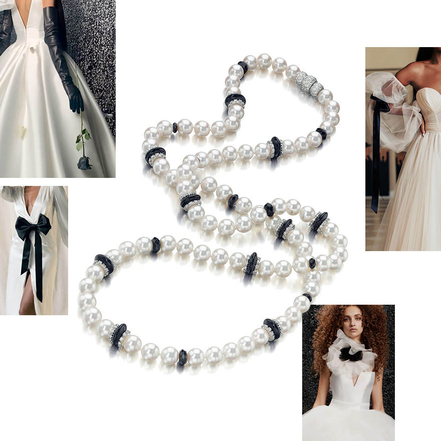 Clockwise from Upper Left – @VeraWangBride Fall 2022, Assael Akoya Pearl Necklace with Black Onyx and Diamond rondels, @GaliaLahav Fall 2022, @VeraWangBride Fall 2022, @Scorcesa Fall 2022