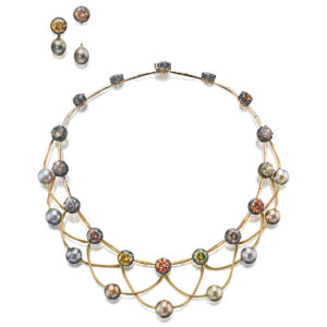 Collectible Natural Color Fijian Pearl and Zircon Necklace and Earrings