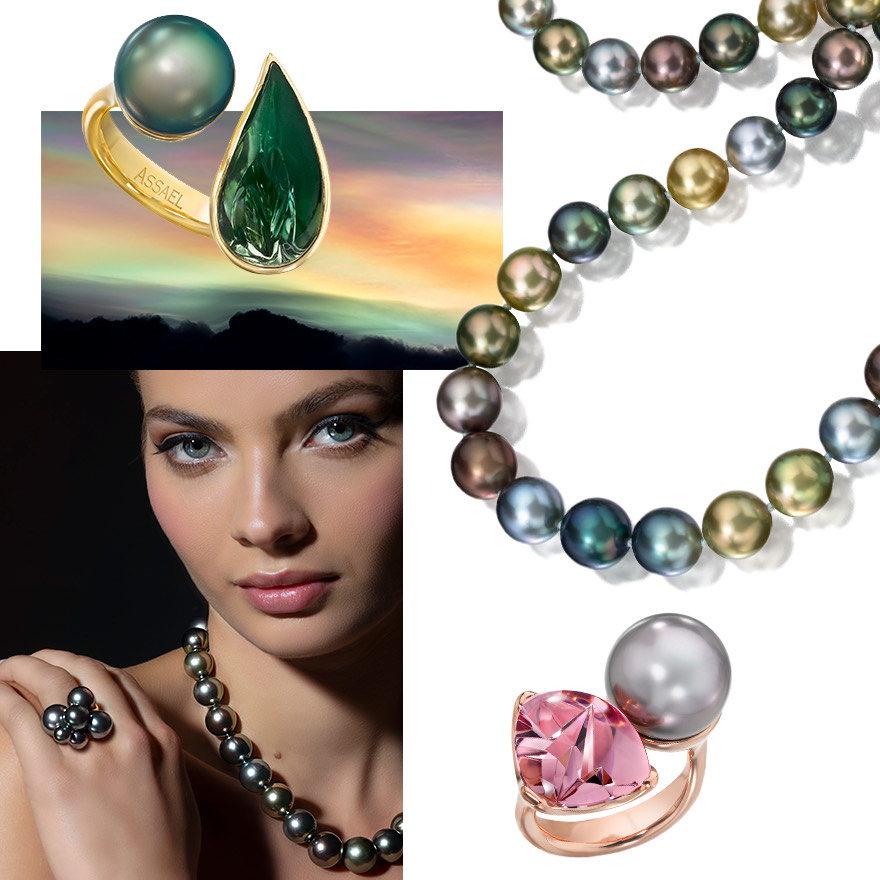 Assael Multicolor pearl necklace featuring J Hunter Fiji pearls, Assael Tahitian pearl and pink morganite ring from The Colors collection, model wearing Assael Tahitian pearl necklace and Bubble ring by Sean Gilson for Assael, Assael Tahitian pearl and Green Sunstone ring from The Colors collection