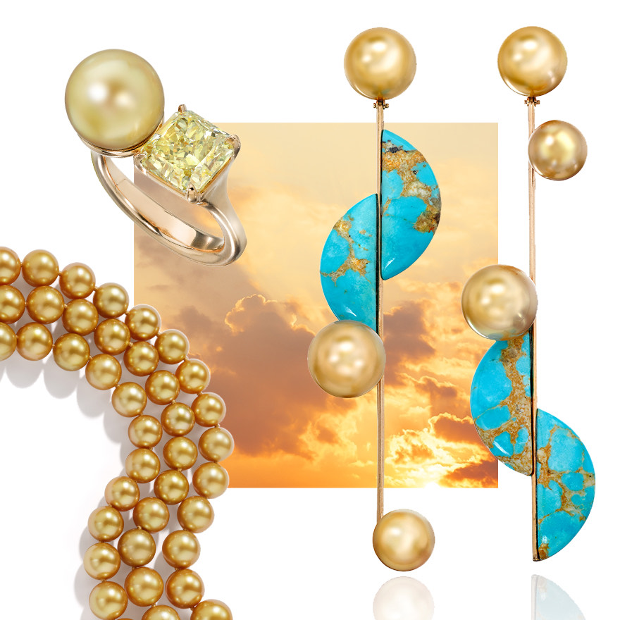 Assael earrings from the Modernist collection featuring South Sea Golden Pearls and Sonoran Turquoise, Assael Golden South Sea Pearl strands, South Sea Golden pearl and fancy yellow diamond ring from The Colors collection