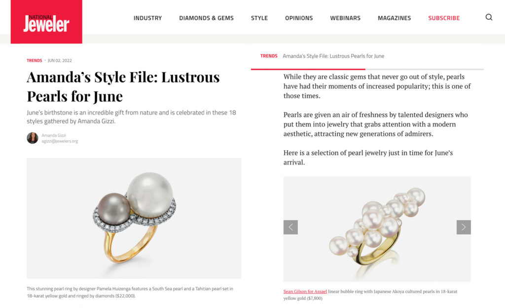 Assael's linear bubble ring with Japanese Akoya culture pearls in 18-karat yellow gold by Sean Gilson for Assael is featured in the National Jeweler.