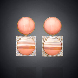 Angel skin coral, detachable carnelian and diamond earrings.