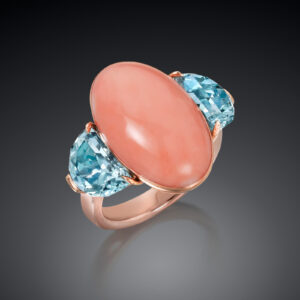 oval angel skin coral aquamarine ring