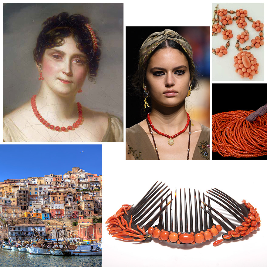 Empress Josephine Bonaparte circa 1812 - wife of Napolean, Dior S/S 2021, necklace from Liverino Museum, Sciacca Coral beads, Hair Jewels made with Sciacca Coral from the Liverino Museum, Coastal Town of Sciacca, Italy 