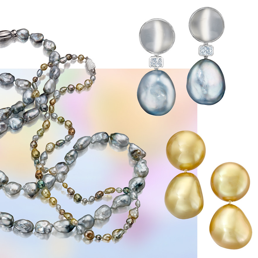 Keshi Fiji Pearl Necklace and Baroque Fiji Pearl Necklace,  Assael earrings featuring Cat’s-eye Moonstone, Diamond and Tahitian Baroque Keshi Pearl drops, Golden Keshi South Sea Pearl Earrings 