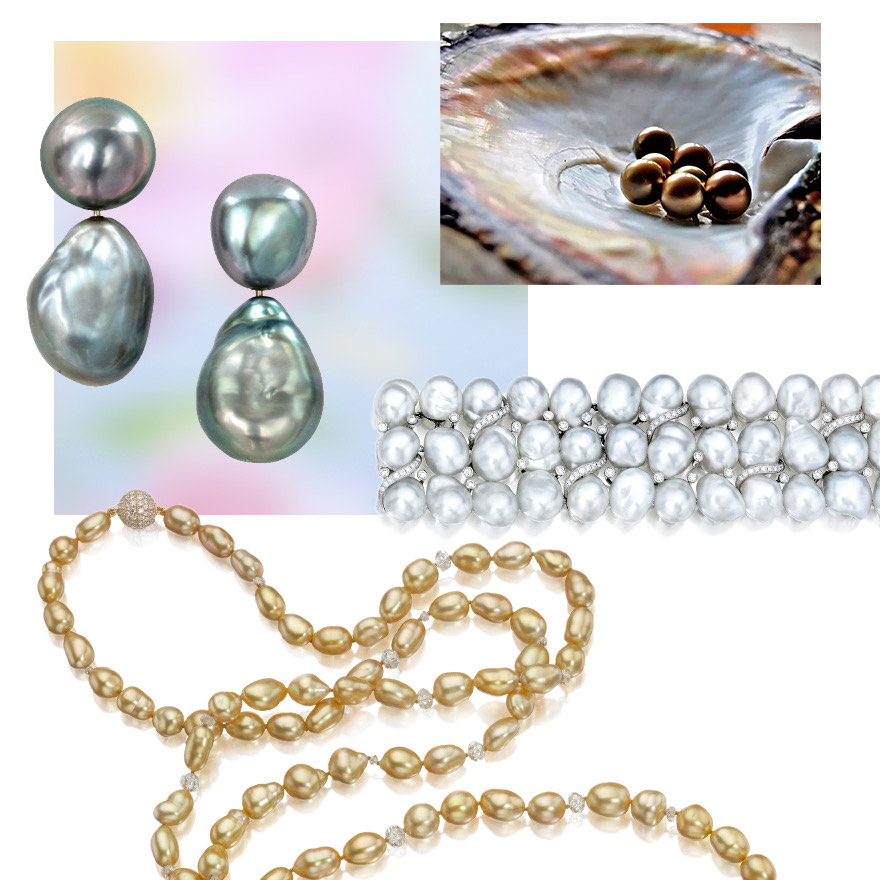 Assael Tahitian Keshi Pearl Earrings, Fijian Chocolate Pearls from J Hunter Fiji, Assael Aurora South Sea Keshi Pearl and Diamond Bracelet, Golden Keshi Pearl and Diamond Necklace