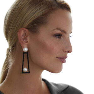 Model wearing South Sea Pearl, Akoya Pearl, and Black Jade "Frame" Earrings