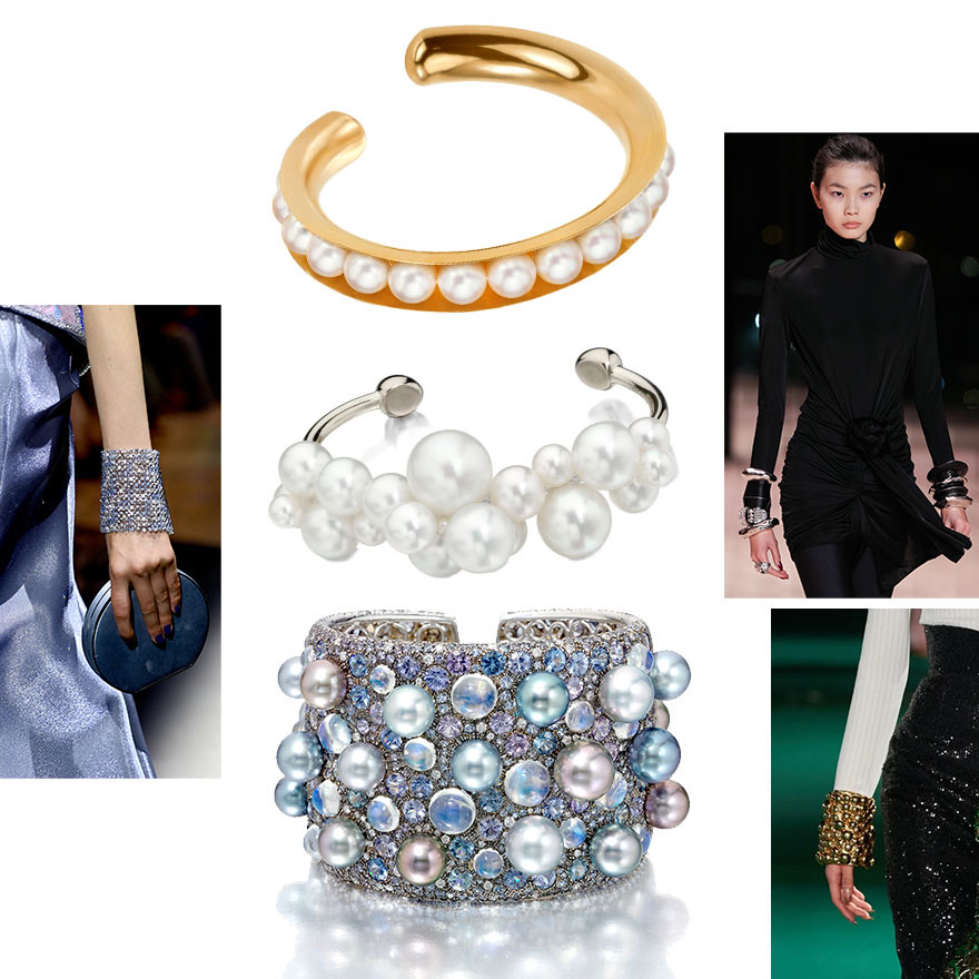 Clockwise from upper right – Saint Laurent F/W ’22-23, Halpern F/W ‘22-23, Assael Luminosity Cuff, Armani Privé F/W ’22-23, Award Winning Flex Bangle by Sean Gilson for Assael, Large Bubble South Sea & Akoya Pearl Bracelet by Sean Gilson for Assael