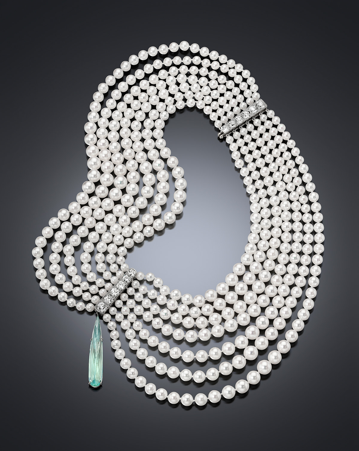magnificent Akoya Pearl and Aquamarine Collar Necklace can be worn in multiple, flattering ways.