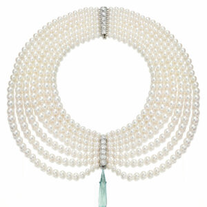 magnificent Akoya Pearl and Aquamarine Collar Necklace can be worn in multiple, flattering ways.