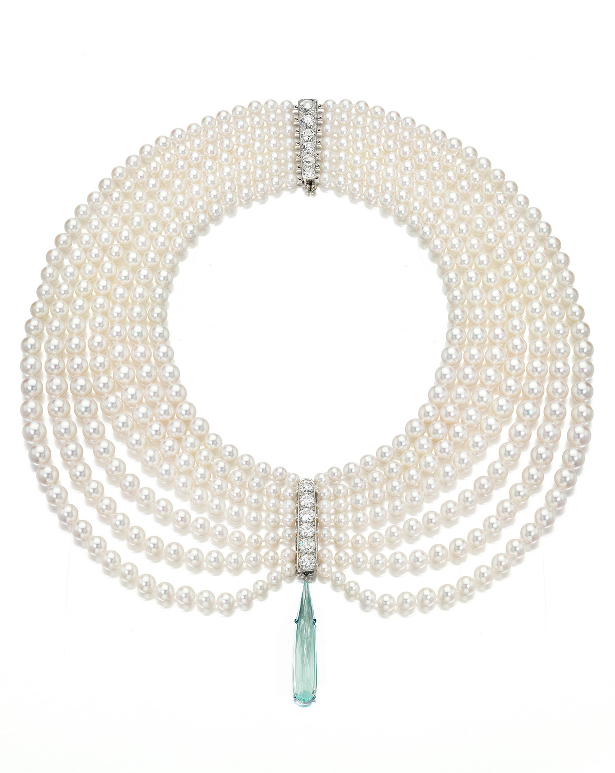 magnificent Akoya Pearl and Aquamarine Collar Necklace can be worn in multiple, flattering ways. 