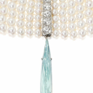 magnificent Akoya Pearl and Aquamarine Collar Necklace can be worn in multiple, flattering ways.