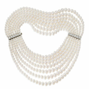 magnificent Akoya Pearl and Aquamarine Collar Necklace can be worn in multiple, flattering ways.