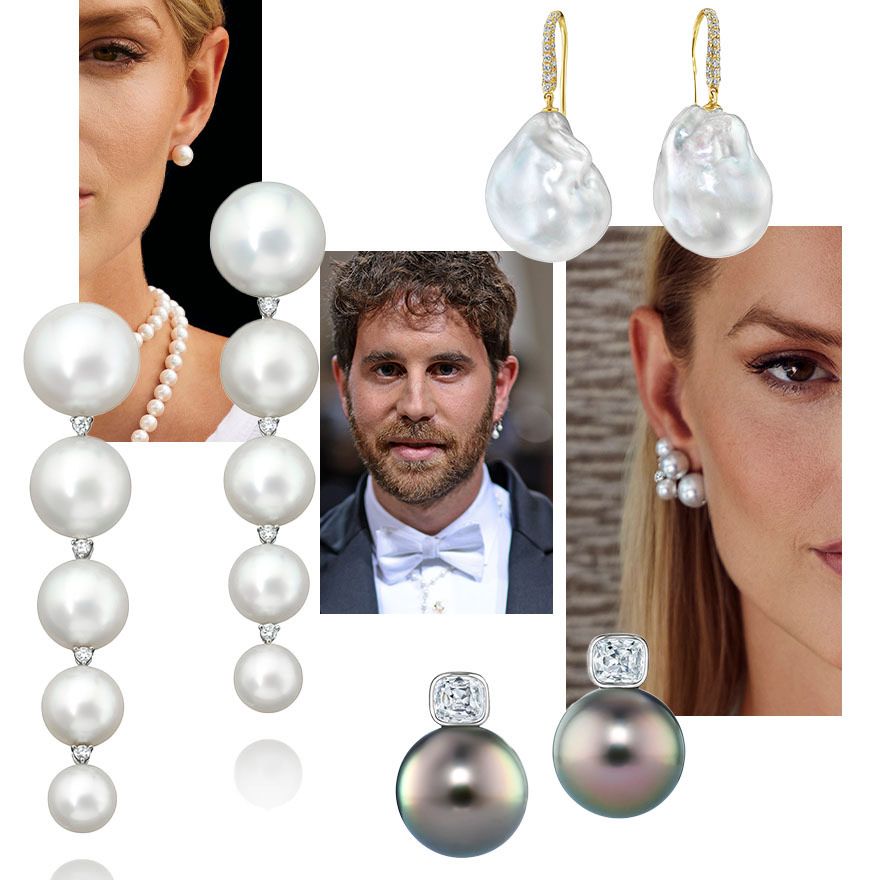 Assael Baroque South Sea Pearl drop earrings, Model wearing Bubble earrings by Sean Gilson for Assael, Tahitian Pearl and Aquamarine earrings, “Perfect 10” South Sea Pearl and Diamond earrings, Model wearing Assael Akoya pearl stud earrings and South Sea pearl necklaces, Ben Platt wearing pearl drop earrings at The Met Gala