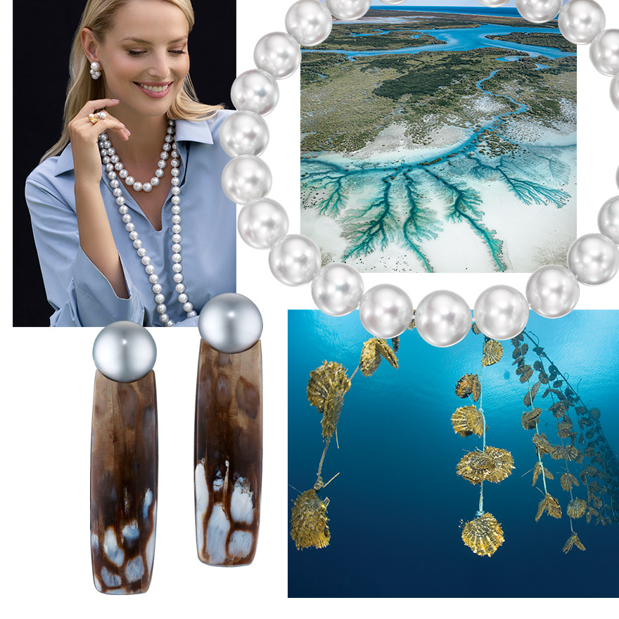 Campaign shot by David Benoliel featuring model wearing South Sea Pearl Strands and South Sea Bubble Pearl earrings by Sean Gilson for Assael, tidal Creeks in a pearl farm in The Kimberly region of Western Australia, oysters cultivating pearls in clean blue ocean water, Assael Petrified Bog Wood and Tahitian Pearl earrings 