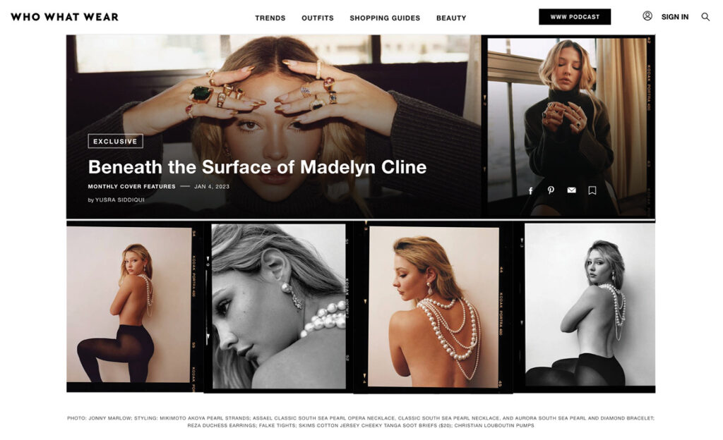 Assael's classic south sea pearl opera necklace featured on Who What Wear's magazine. January's exclusive monthly cover feature. Beneath the Surface of Madelyn Cline.