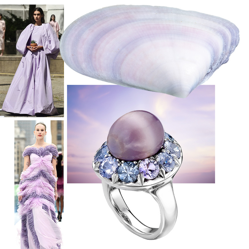 Quahog clam shell, two views of Assael Natural Clam Pearl and Lavender Spinel ring, Flying Solo (Launchmetrics Spotlight), Rodarte (Launchmetrics Spotlight)