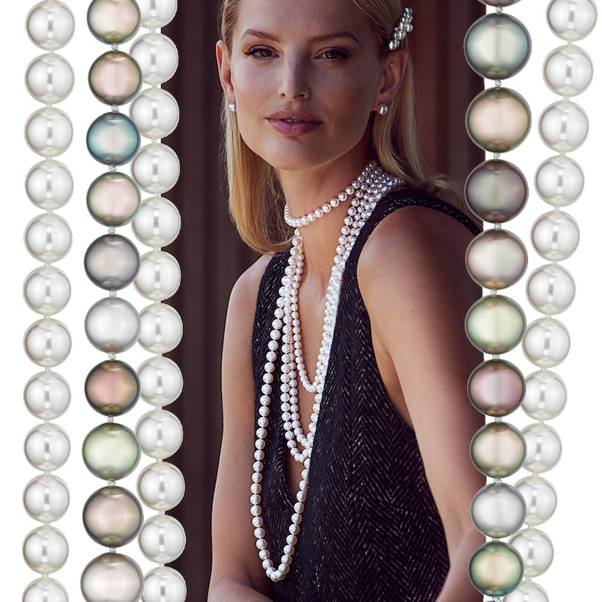 Left to right – various loose hanging pearls strands, model from “Elegance with Attitude” campaign shot by David Benoliel wearing Akoya pearls strands layered in various lengths and Bubble pearl barrettes by Sean Gilson for Assael