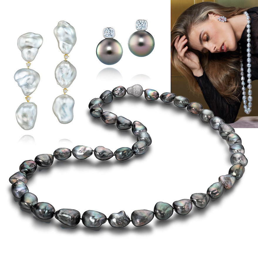 Clockwise from upper right – Model wearing Assael Keshi Pearl and Morganite floral earrings, Assael South Sea Baroque Pearl strand, Assael Baroque Tahitian Pearl Strand, Assael Keshi Pearl Connected Diamond earrings, Assael Tahitian Pearl & Antique Diamond earrings