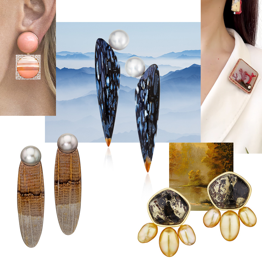 Assael Spotted Petrified Wood and South Sea Pearl earrings, Assael NatureScapes brooch featuring Agate, Copper Garnet, Sardinian Coral, and a Natural Saltwater Pearl in 18K Rose Gold, Assael Natural Metamorphic Stones with Pyrite and Golden South Sea Pearls, Assael Fiji Pearl and Golden Oak earrings, Assael Angel Skin Coral, Detachable “Sunset” Carnelian, and Diamond earrings