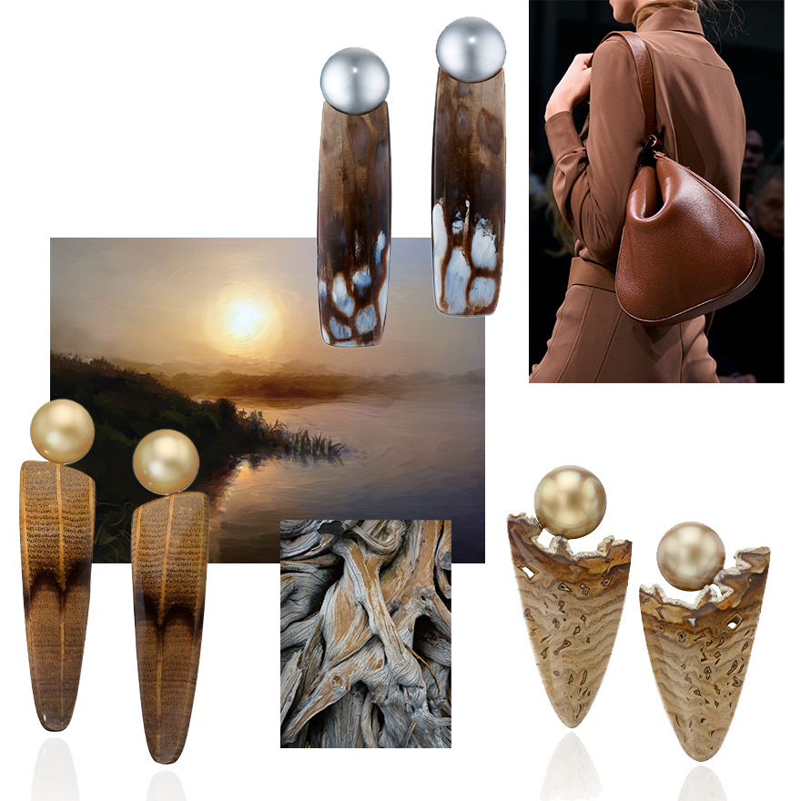 Akris F/W 2023-24, Assael Petrified Golden Oak and Fijian Pearl earrings, close up of natural petrified wood, Assael Petrified Wood and Golden South Sea Pearl earrings, Assael Honeycomb Petrified Wood and Tahitian Natural Color Cultured Pearls