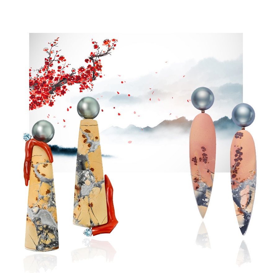 Assael Maligano Jasper and Tahitian Natural Color Cultured Pearl earrings, Assael Maligano Jasper, Sardinian Coral, Aquamarine, and Tahitian Pearl earrings