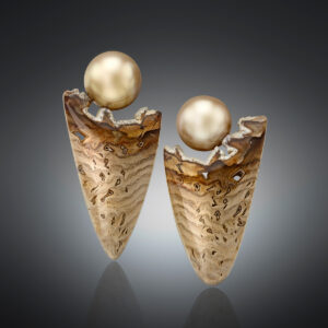 Responsibly sourced Fijan pearl and golden oak petrified wood earrings