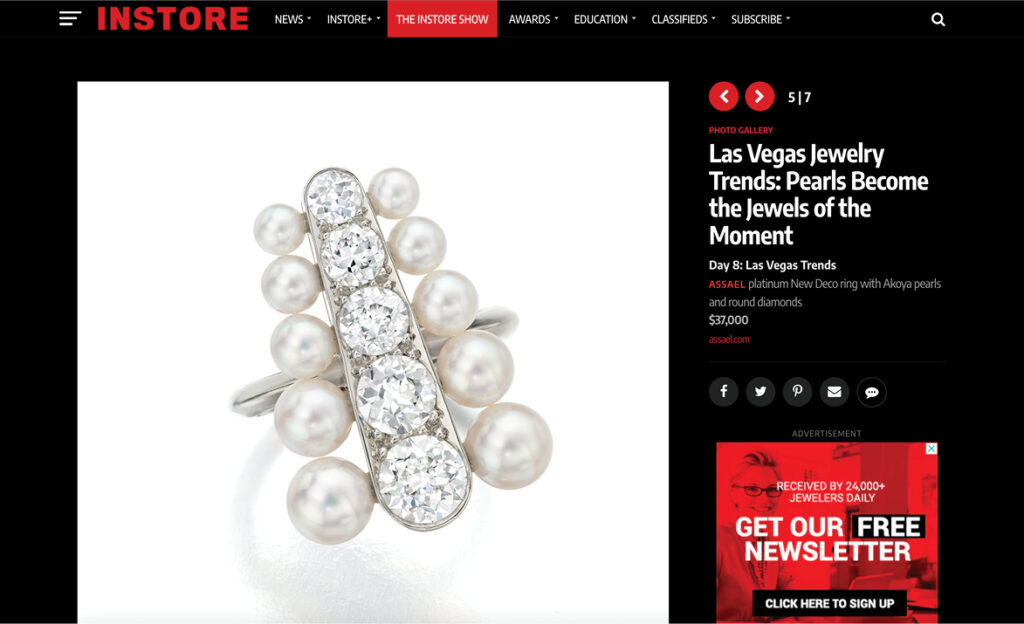 Assael platinum New Deco ring with Akoya pearls and round diamonds