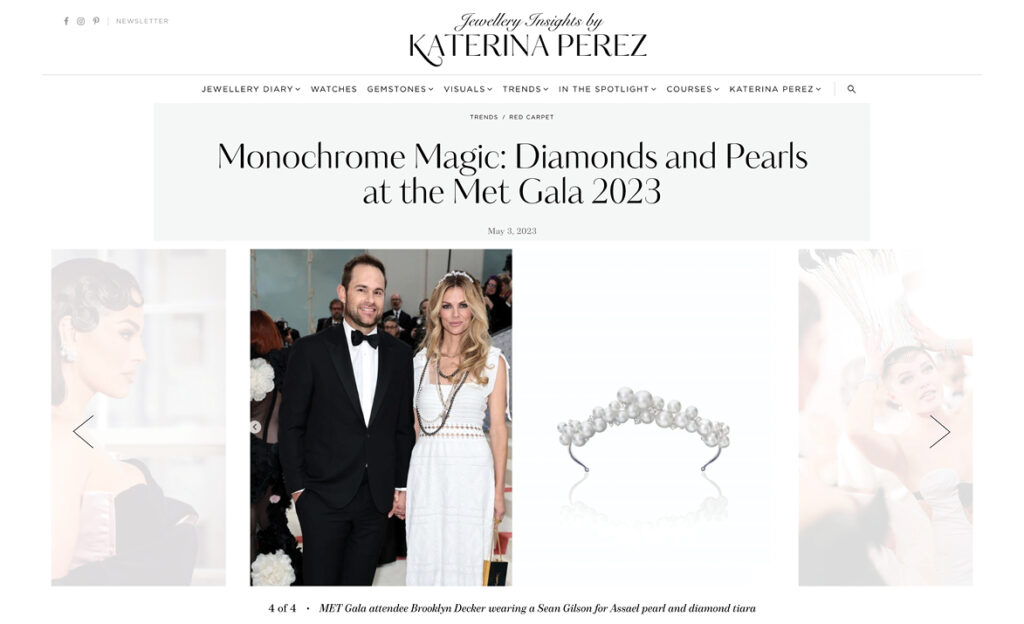 Assael’s pearl and diamond tiara, worn by Brooklyn Decker at the 2023 MET Gala is featured in the online article by Katerina Perez